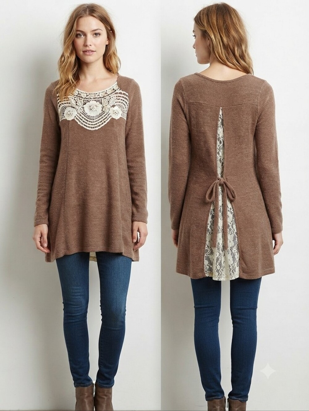 a'reve Brown Lace Overlay Back Tunic Sweater Small Boho Cottagecore Fall